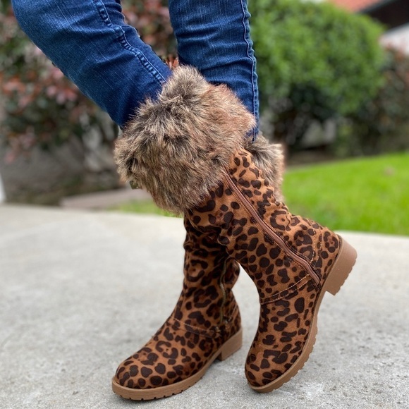 Vegan Suede Leopard Print Boots - Picture 1 of 8